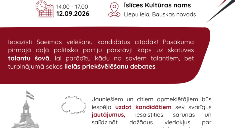 Biedrība “Laiks Jauniešiem” aicina piedalīties pasākumā “Politika citā gaismā”