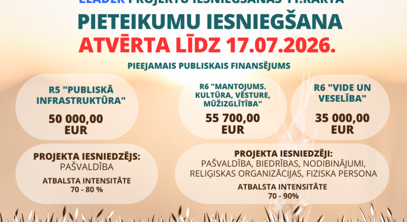  LEADER projektu iesniegšanas 11.kārtā pieteikumu iesniegšana atvērta līdz 17.jūlijam