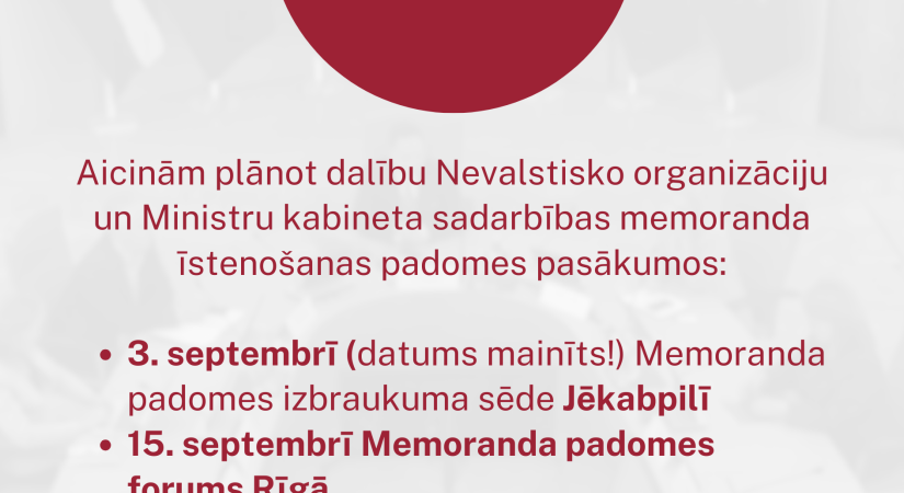 Aicinām piedalīties NVO pārstāvjus Nevalstisko organizāciju un Ministru kabineta sadarbības memoranda  īstenošanas padomes sēdē Jēkabpilī