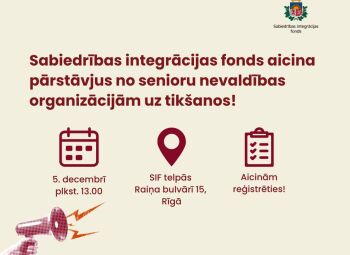 Sabiedrības integrācijas fonds aicina pārstāvjus no senioru nevaldības organizācijām (NVO) uz tikšanos