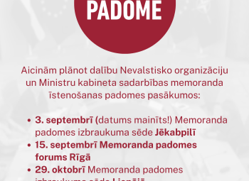 Aicinām piedalīties NVO pārstāvjus Nevalstisko organizāciju un Ministru kabineta sadarbības memoranda  īstenošanas padomes sēdē Jēkabpilī